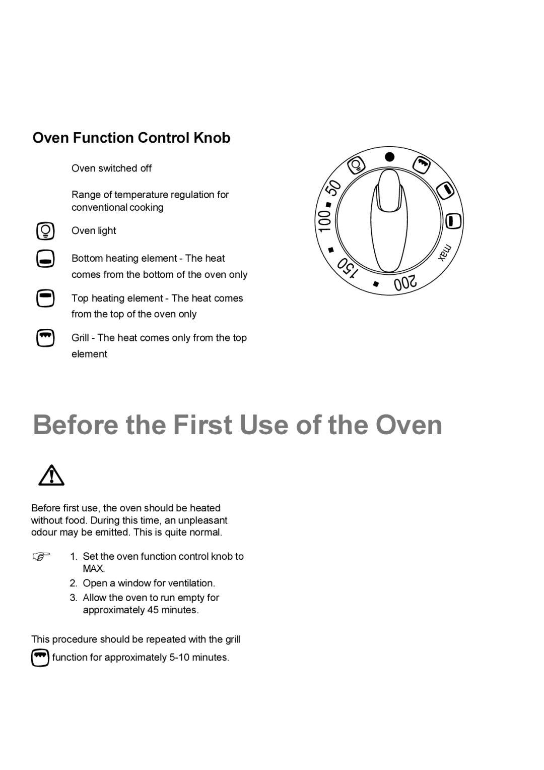 Electrolux EK 5731 manual Before the First Use of the Oven, Oven Function Control Knob 