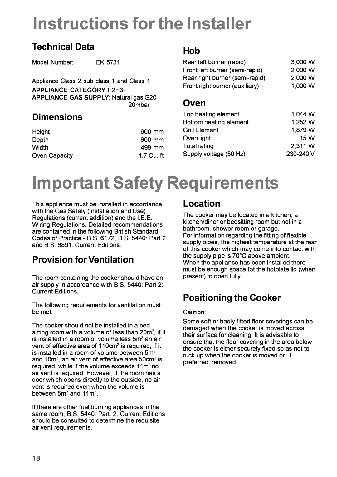 Electrolux EK 5731 manual Instructions for the Installer, Important Safety Requirements, Technical Data, Dimensions, Oven 