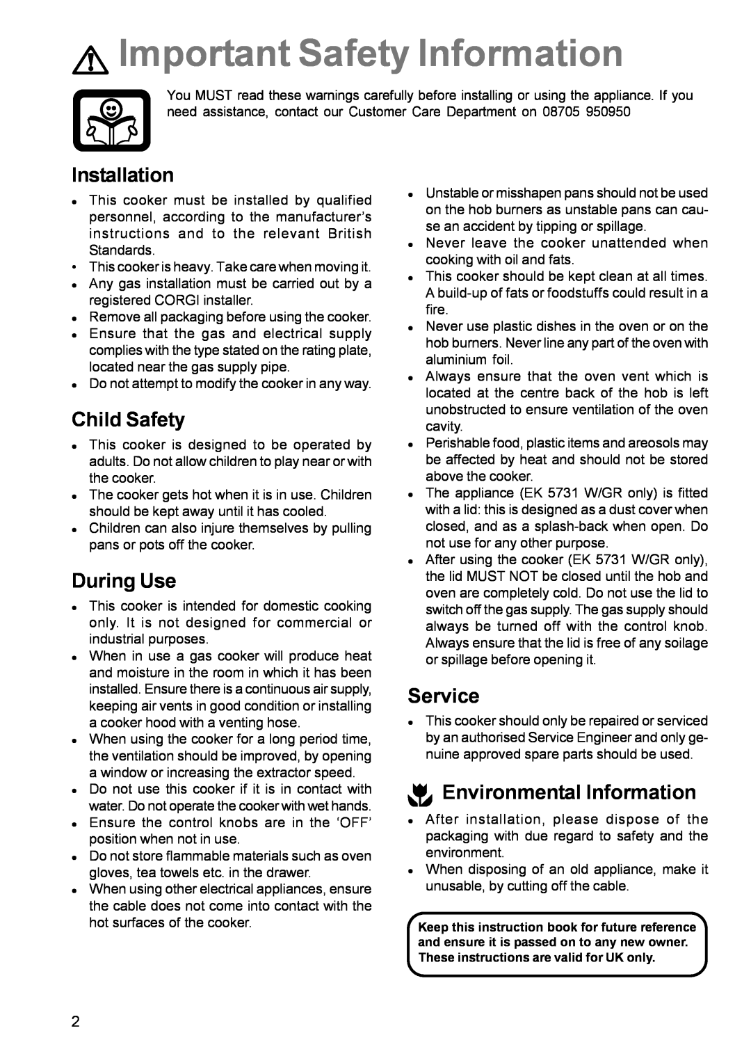 Electrolux EK 5731 manual Important Safety Information, Installation, Child Safety, During Use, Service 