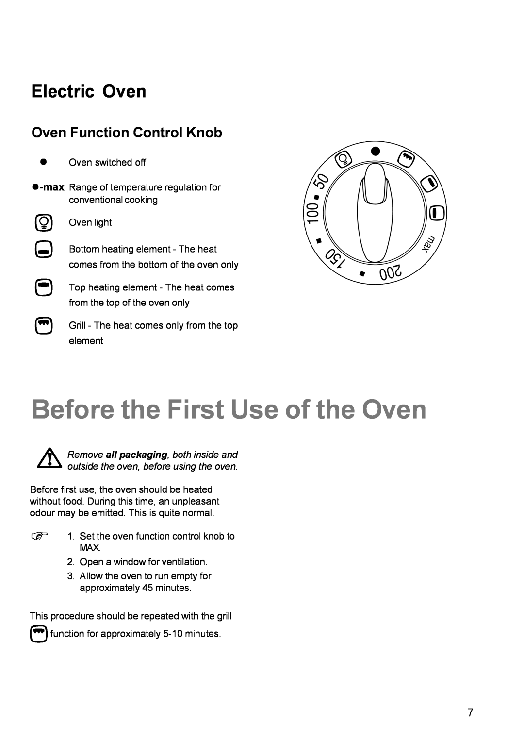 Electrolux EK 5731 manual Before the First Use of the Oven, Oven Function Control Knob, Electric Oven 