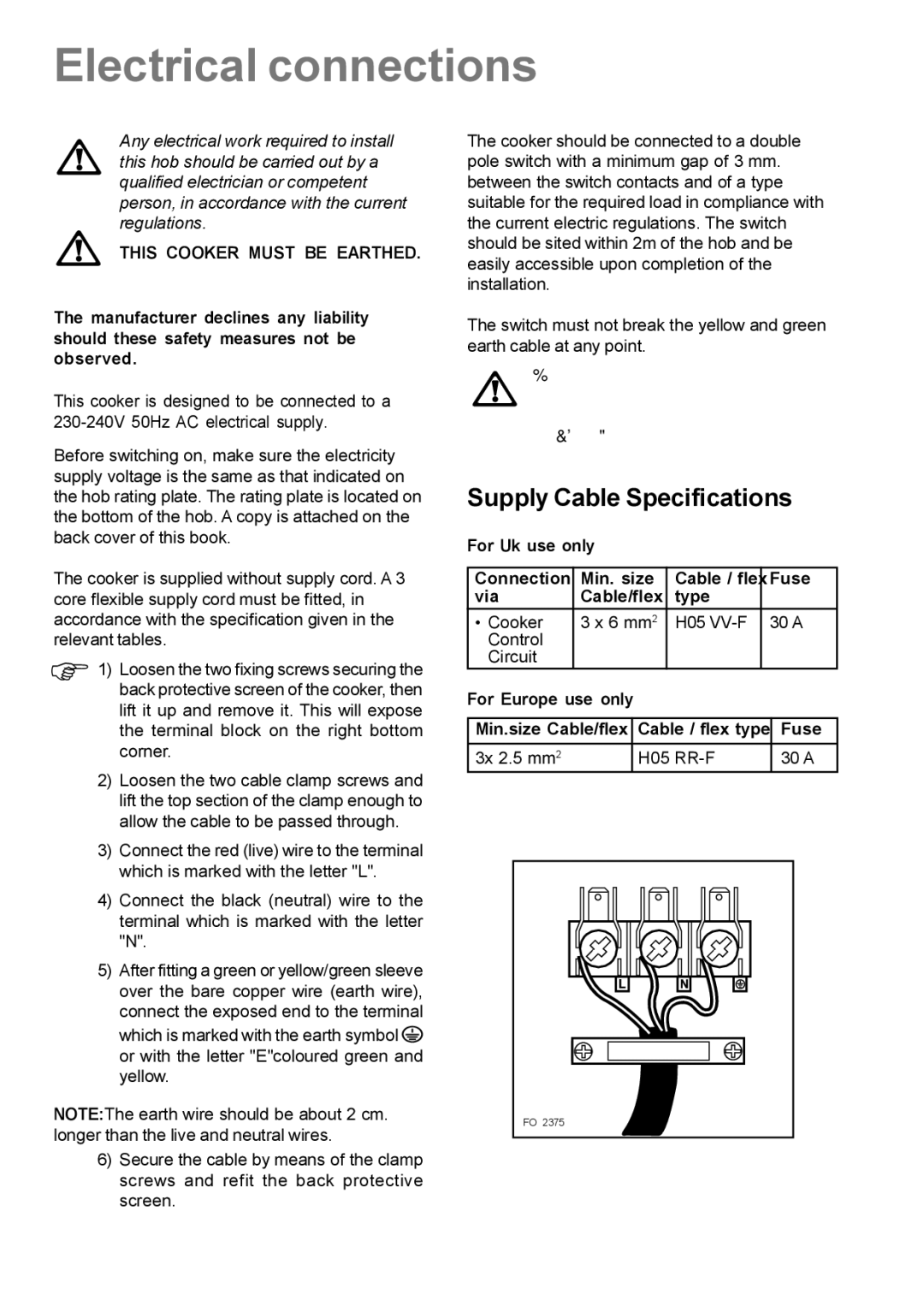 Electrolux EK 5741 manual Electrical connections, Supply Cable Specifications, This Cooker Must be Earthed 