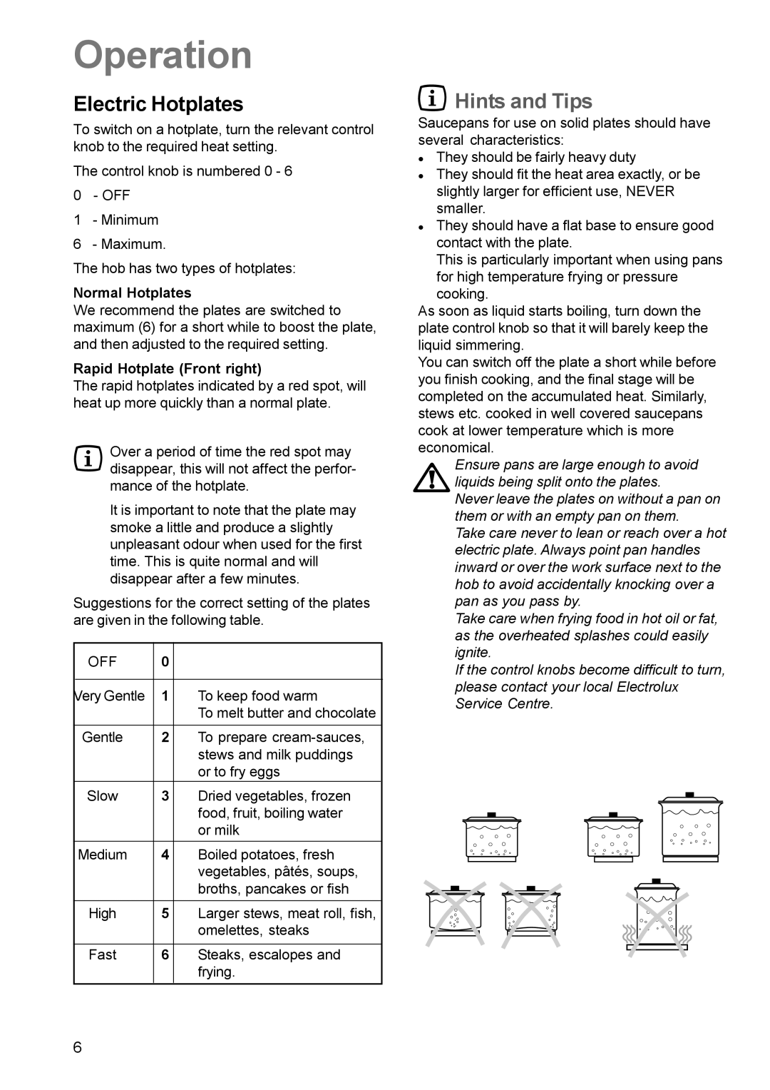 Electrolux EK 5741 manual Operation, Electric Hotplates, Off 