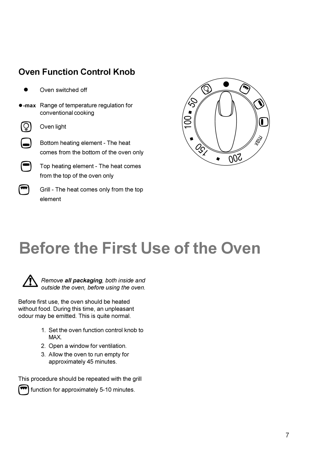 Electrolux EK 5741 manual Before the First Use of the Oven, Oven Function Control Knob 