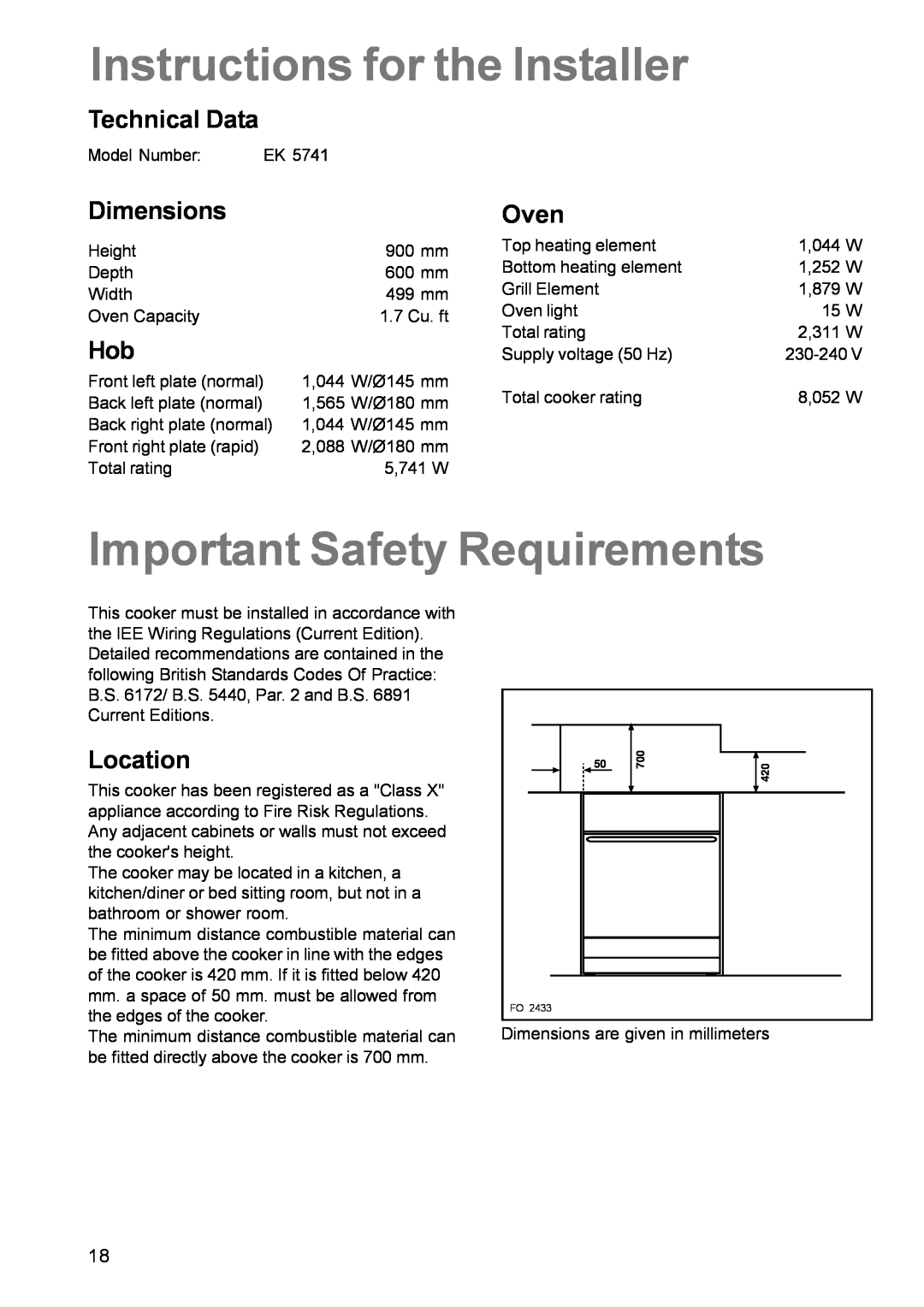Electrolux EK 5741 manual Instructions for the Installer, Important Safety Requirements, Technical Data, Dimensions, Oven 