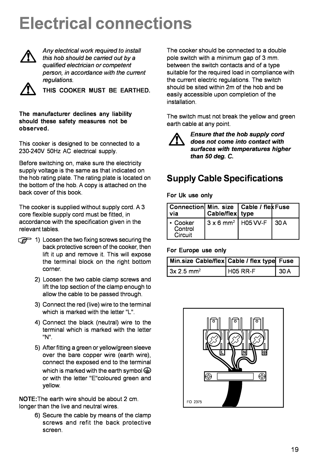 Electrolux EK 5741 manual Electrical connections, Supply Cable Specifications 