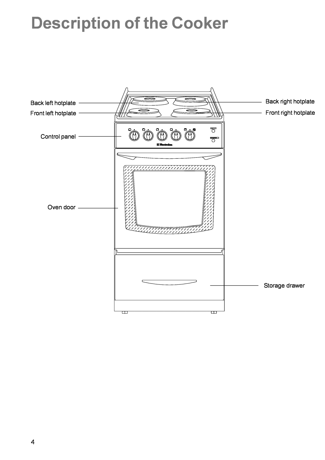 Electrolux EK 5741 Description of the Cooker, Back left hotplate Front left hotplate Control panel, mains on temperature 