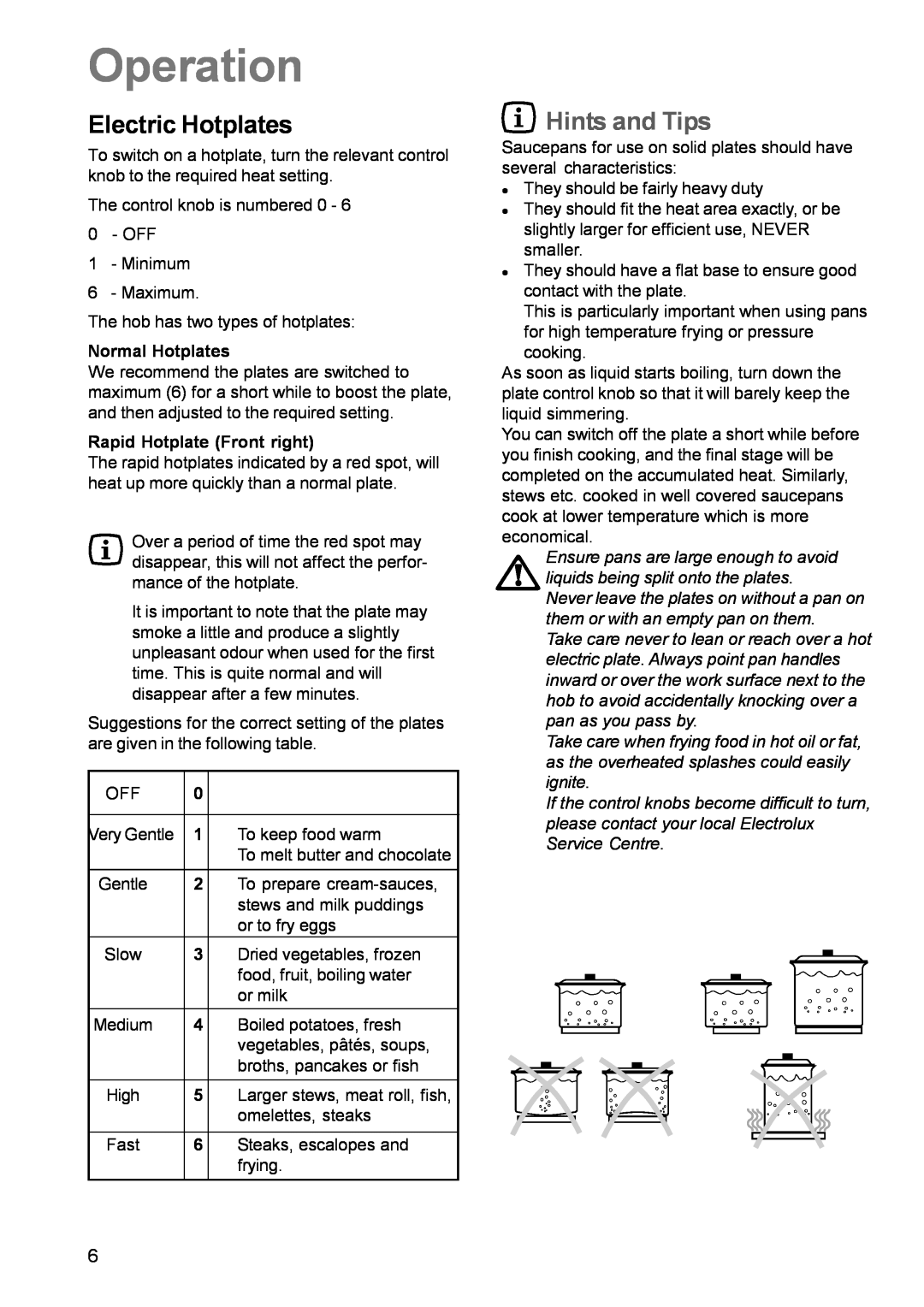 Electrolux EK 5741 manual Operation, Electric Hotplates, Hints and Tips 
