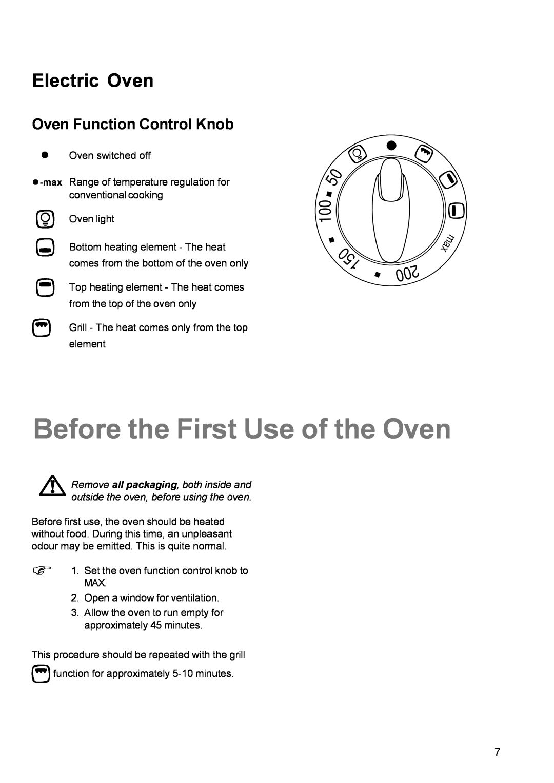 Electrolux EK 5741 manual Before the First Use of the Oven, Oven Function Control Knob, Electric Oven 