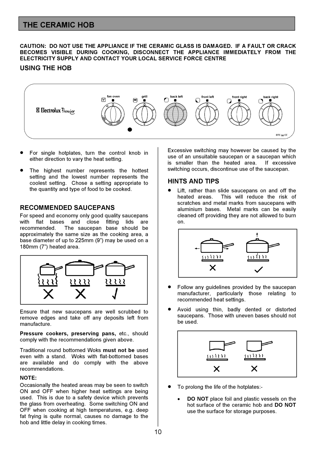 Electrolux EK5361 manual Ceramic HOB, Using the HOB, Recommended Saucepans, Hints and Tips 