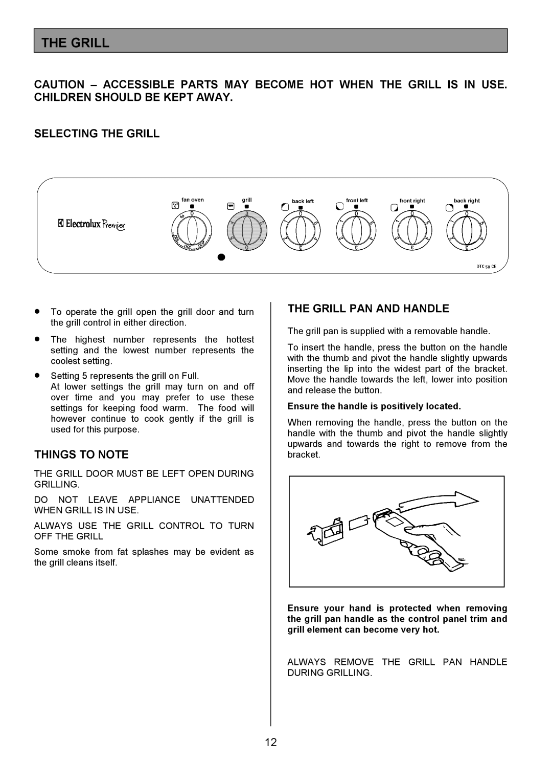 Electrolux EK5361 manual Selecting the Grill, Things to Note, Grill PAN and Handle 