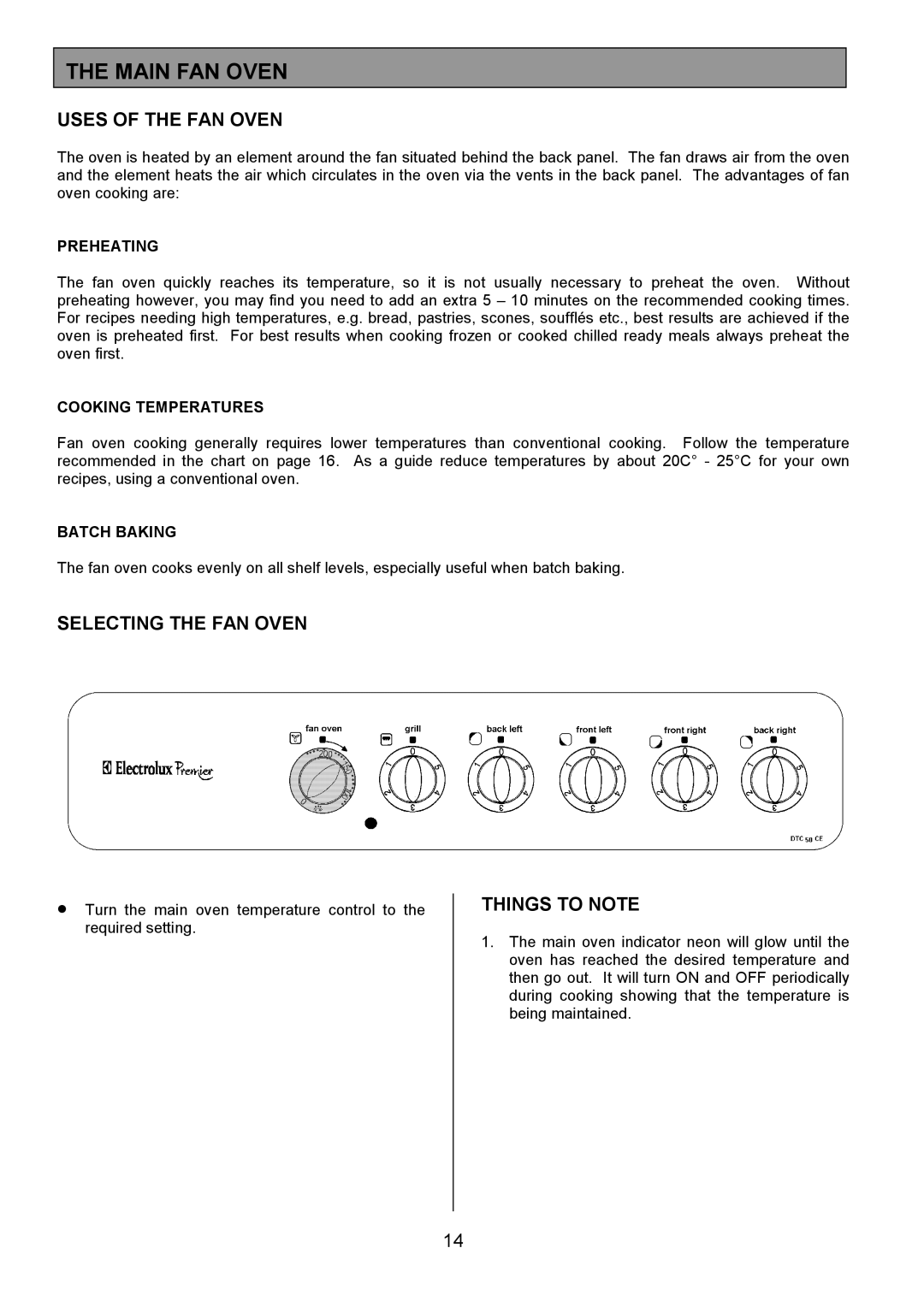 Electrolux EK5361 manual Main FAN Oven, Uses of the FAN Oven, Selecting the FAN Oven 