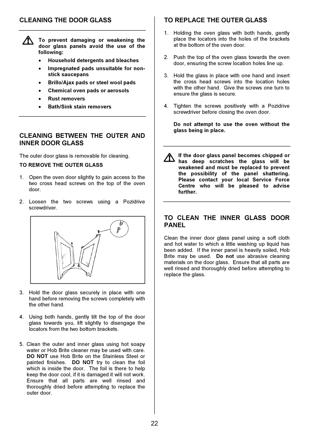 Electrolux EK5361 Cleaning the Door Glass, Cleaning Between the Outer and Inner Door Glass, To Replace the Outer Glass 