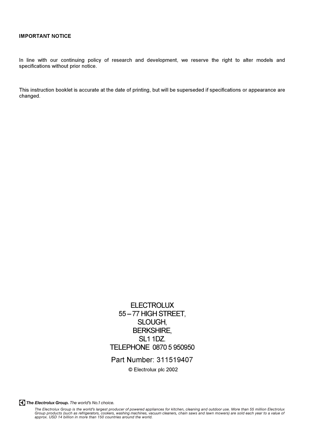 Electrolux EK5361 manual Important Notice 