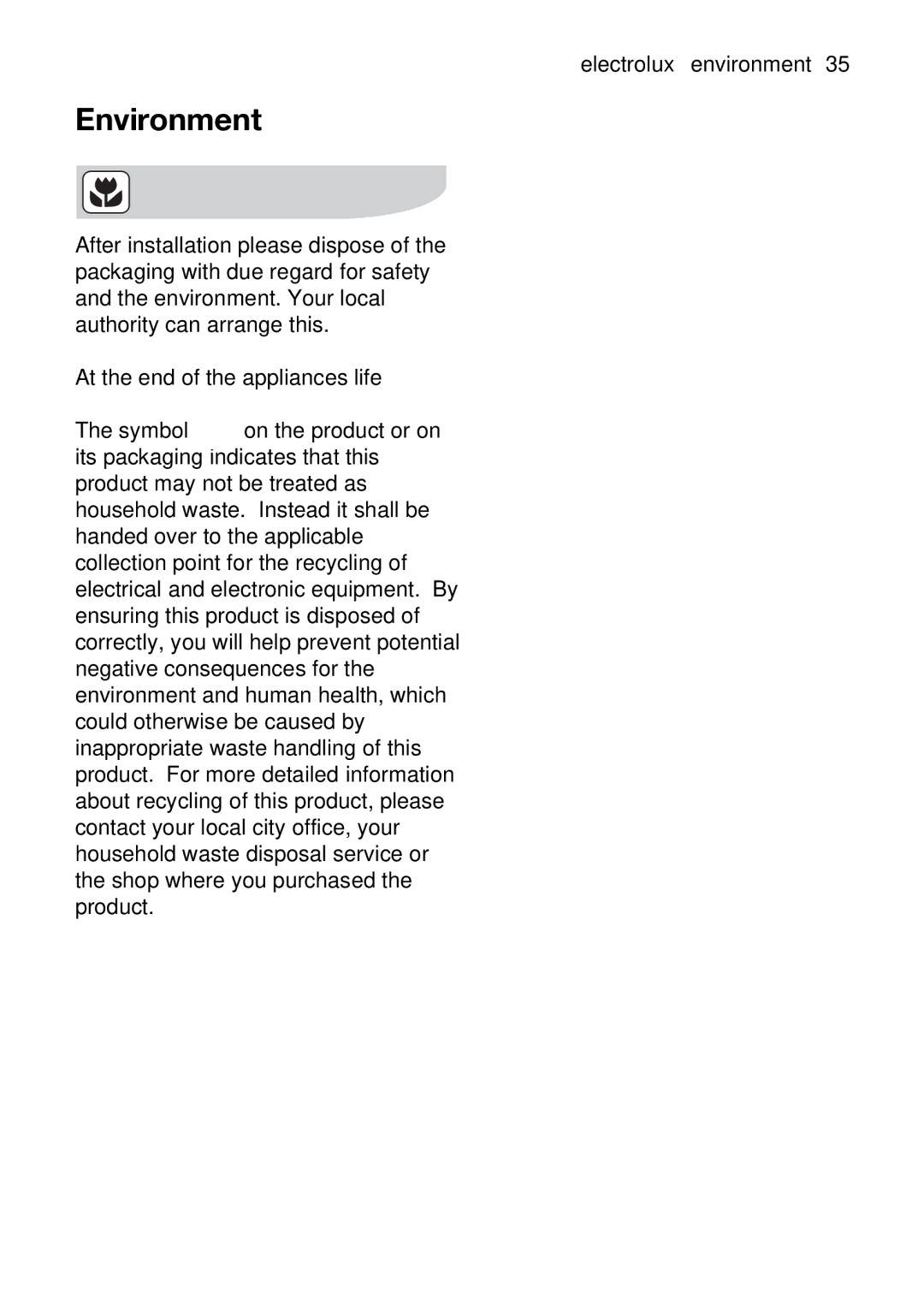 Electrolux EKC5045, EKC5044 user manual Environment, Electroluxenvironment35 