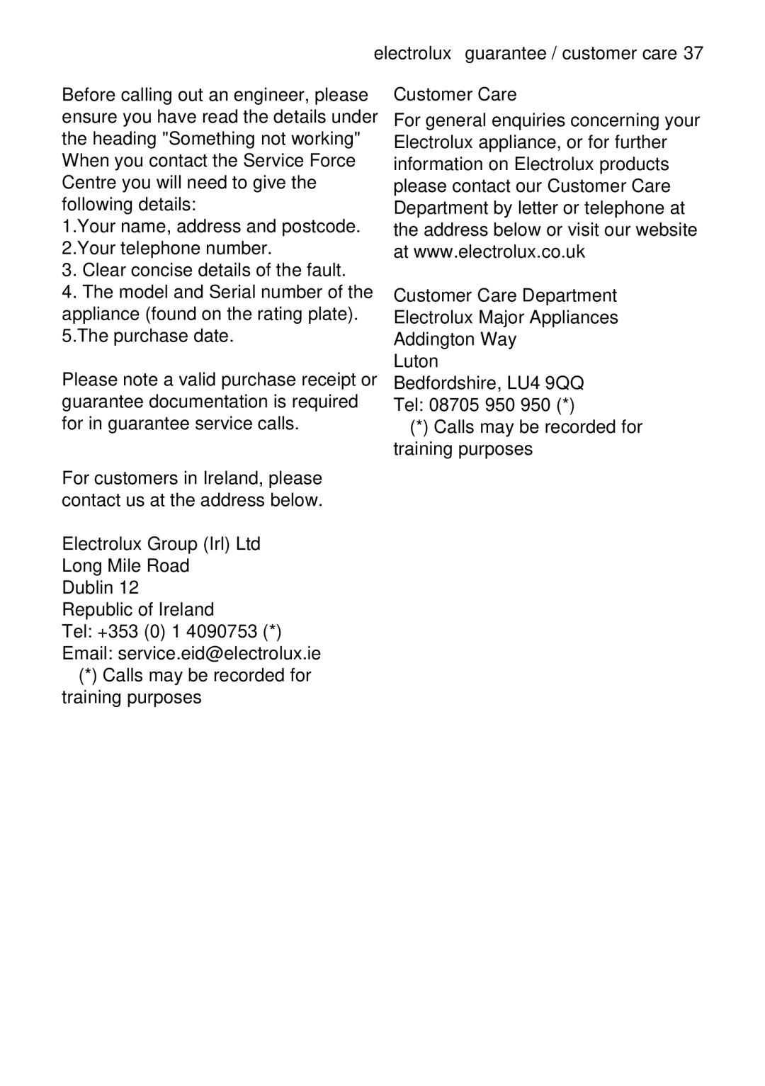 Electrolux EKC5045, EKC5044 user manual LongMileRoad, Bedfordshire,LU49QQ, CustomerCreDepartment, ElectroluxMjorAppliances 