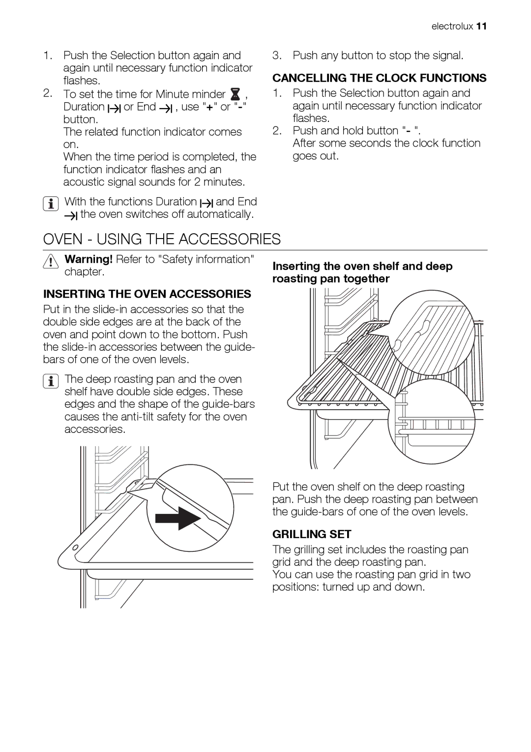 Electrolux EKC603602 user manual Oven Using the Accessories, Cancelling the Clock Functions, Inserting the Oven Accessories 