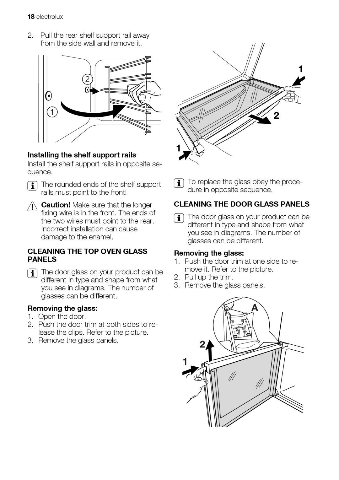 Electrolux EKC603602 user manual Installing the shelf support rails, Cleaning the TOP Oven Glass Panels, Removing the glass 