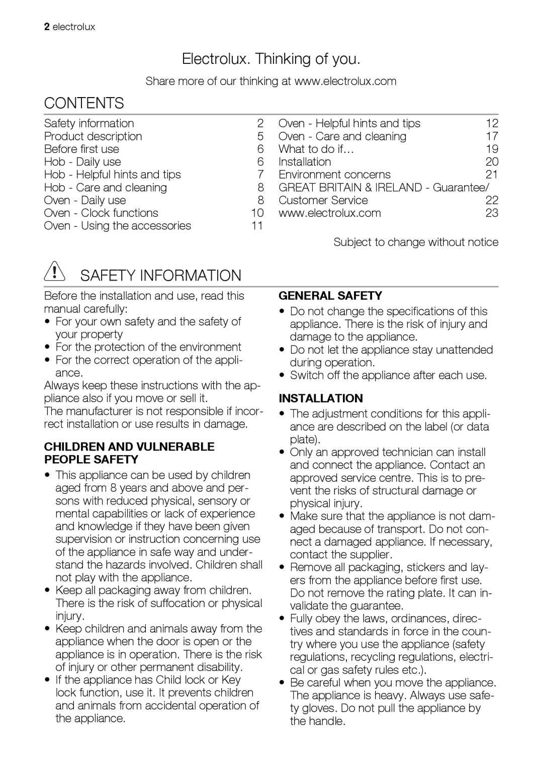 Electrolux EKC603602 user manual Contents, Safety Information 