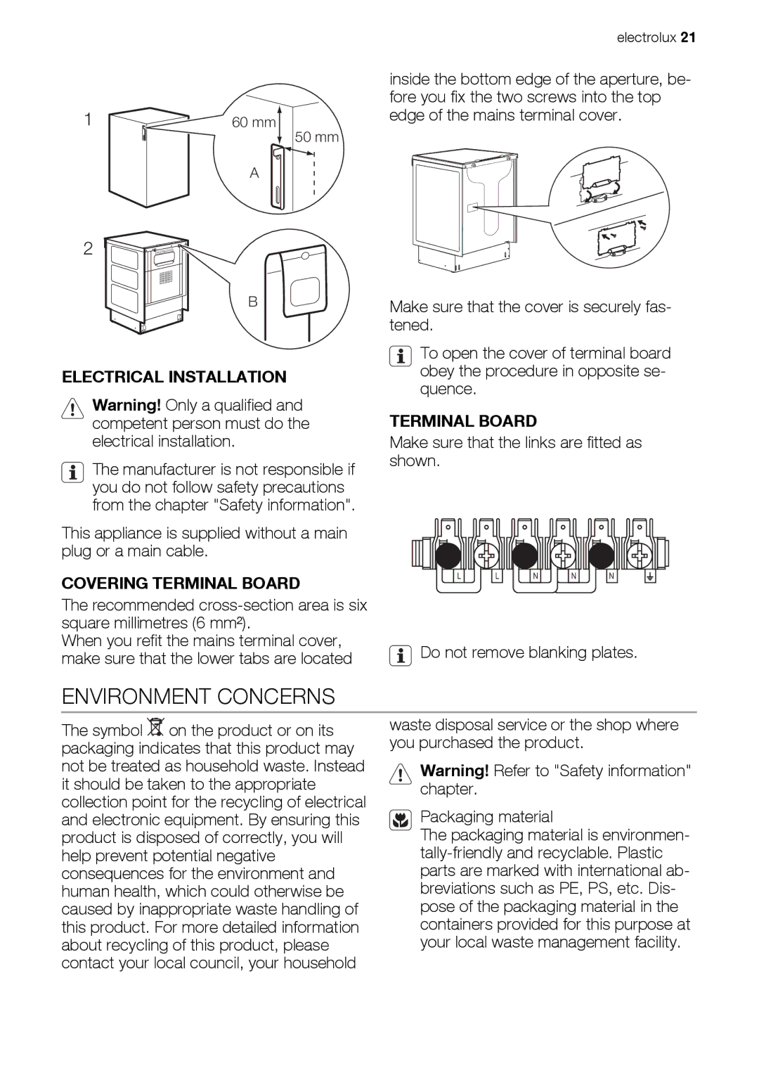 Electrolux EKC603602 user manual Environment Concerns, Electrical Installation, Covering Terminal Board 