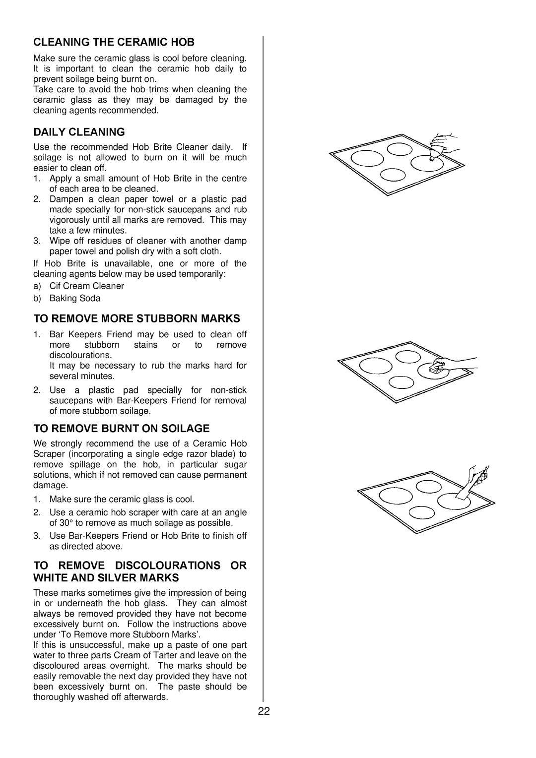 Electrolux EKC6045 Cleaning the Ceramic HOB, Daily Cleaning, To Remove More Stubborn Marks, To Remove Burnt on Soilage 