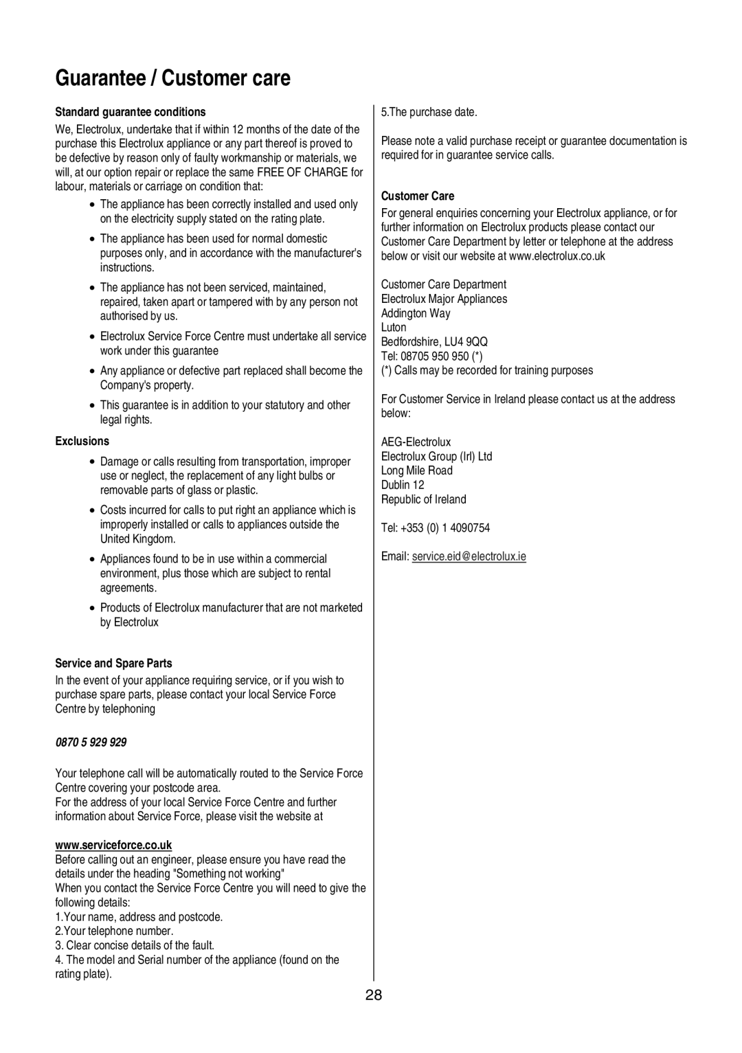 Electrolux EKC6046, EKC6047 user manual Guarantee / Customer care 