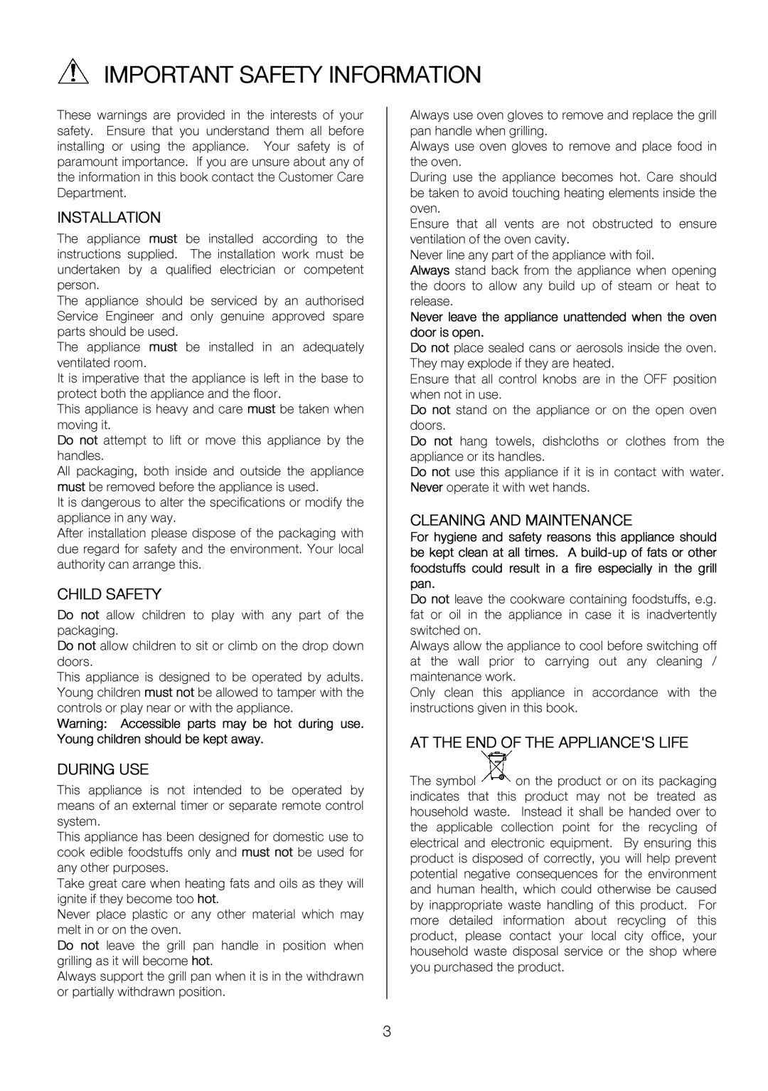 Electrolux EKC6047, EKC6046 user manual Important Safety Information 