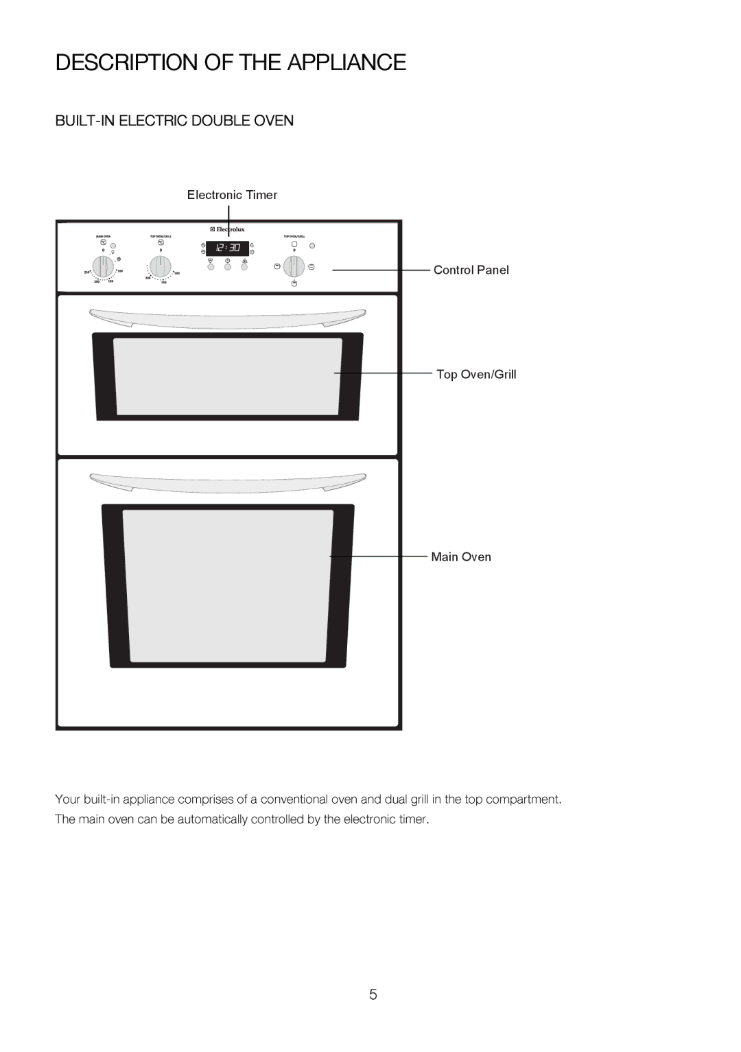 Electrolux EKC6047, EKC6046 user manual Description of the Appliance, Control Panel Top Oven/Grill Main Oven 