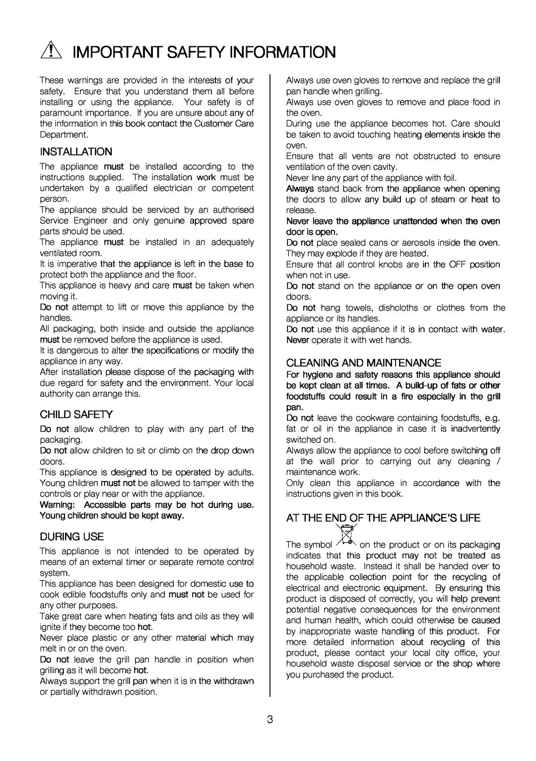 Electrolux EKC6047, EKC6046 user manual Important Safety Information 
