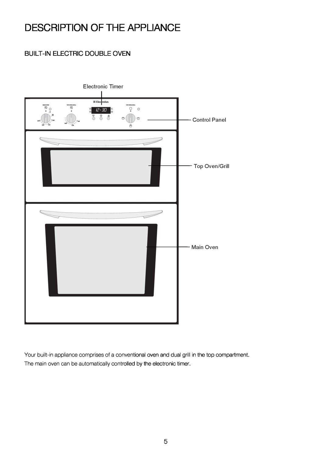Electrolux EKC6047, EKC6046 user manual Description Of The Appliance, Control Panel Top Oven/Grill Main Oven 