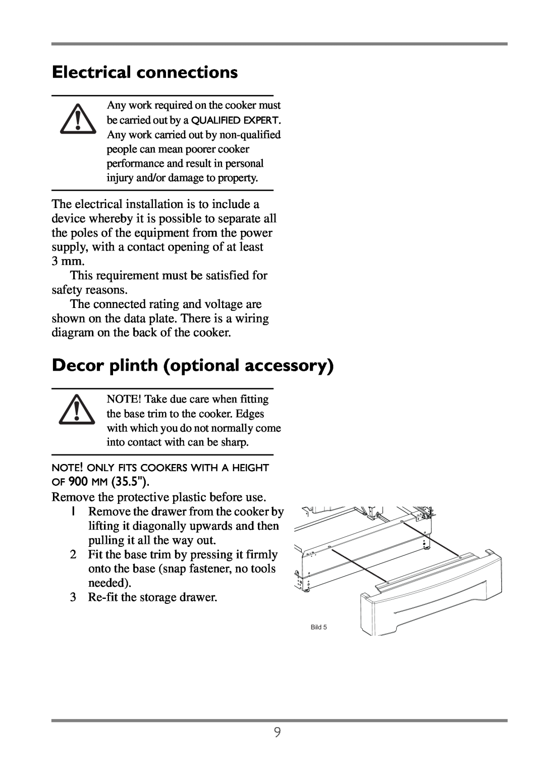 Electrolux EKC60752 user manual Electrical connections, Decor plinth optional accessory 