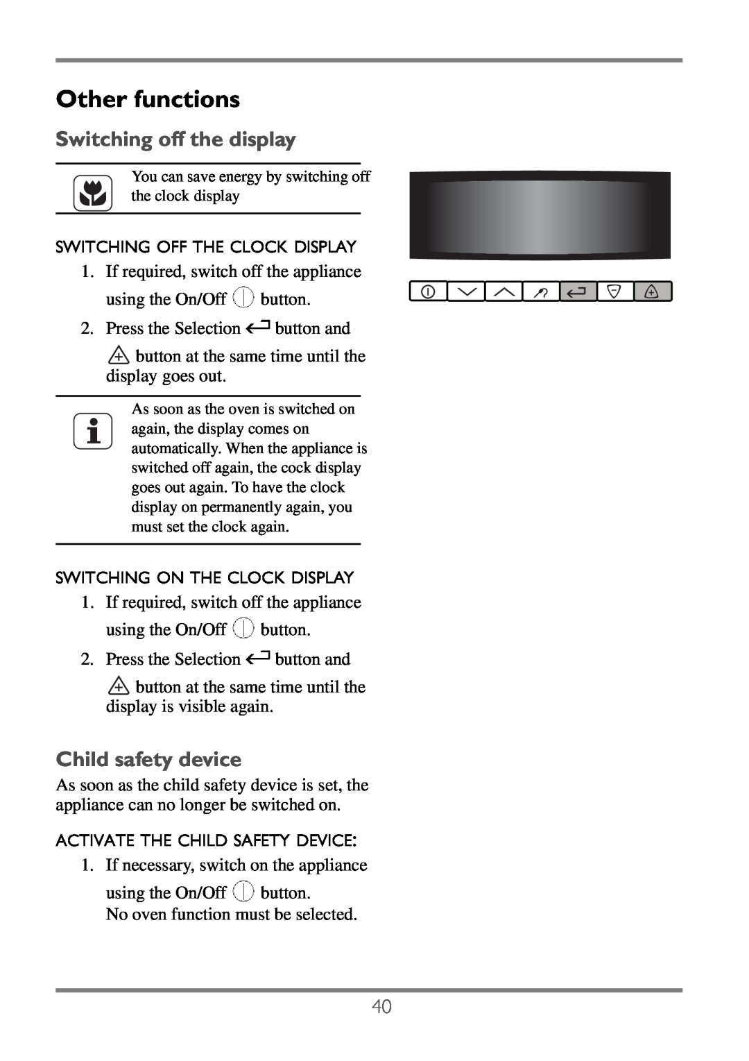 Electrolux EKC60752 user manual Other functions, Switching off the display, Child safety device 
