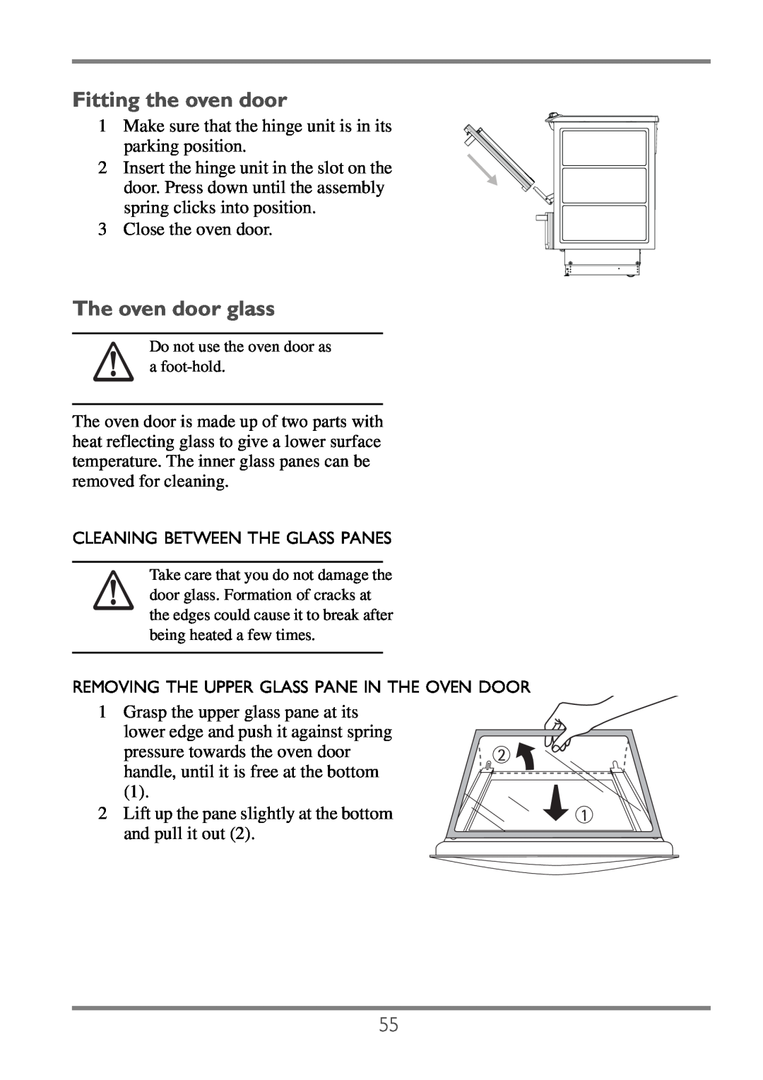 Electrolux EKC60752 user manual Fitting the oven door, The oven door glass 