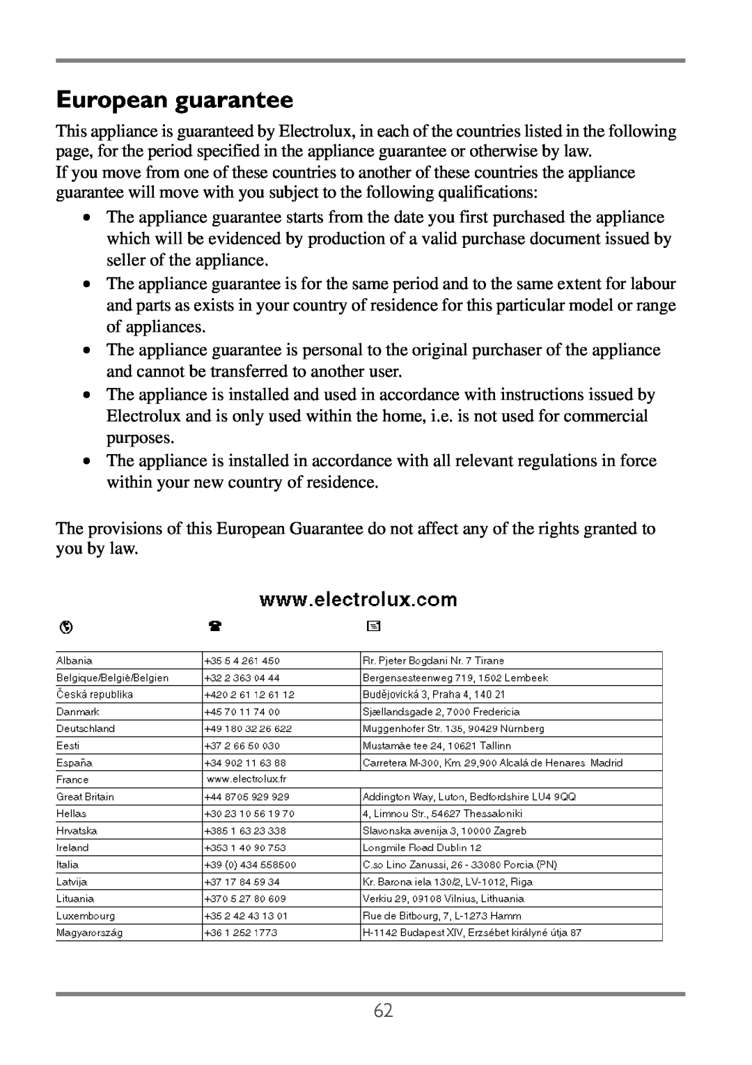 Electrolux EKC60752 user manual European guarantee 