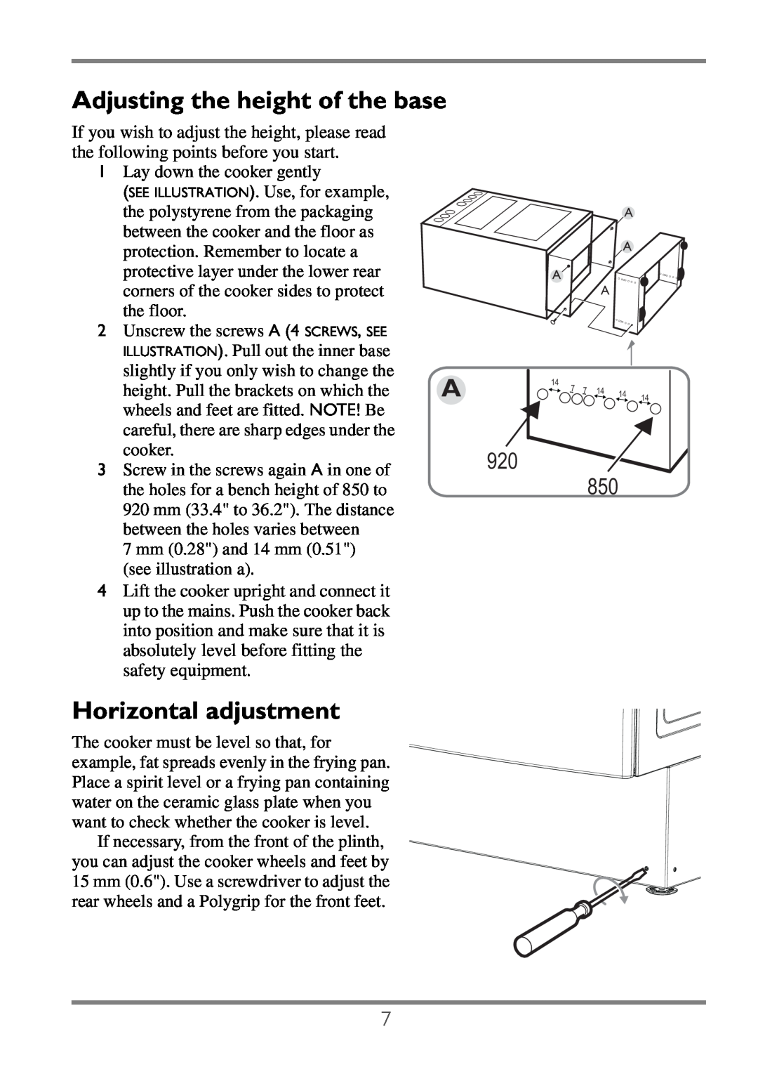 Electrolux EKC60752 user manual Adjusting the height of the base, Horizontal adjustment 