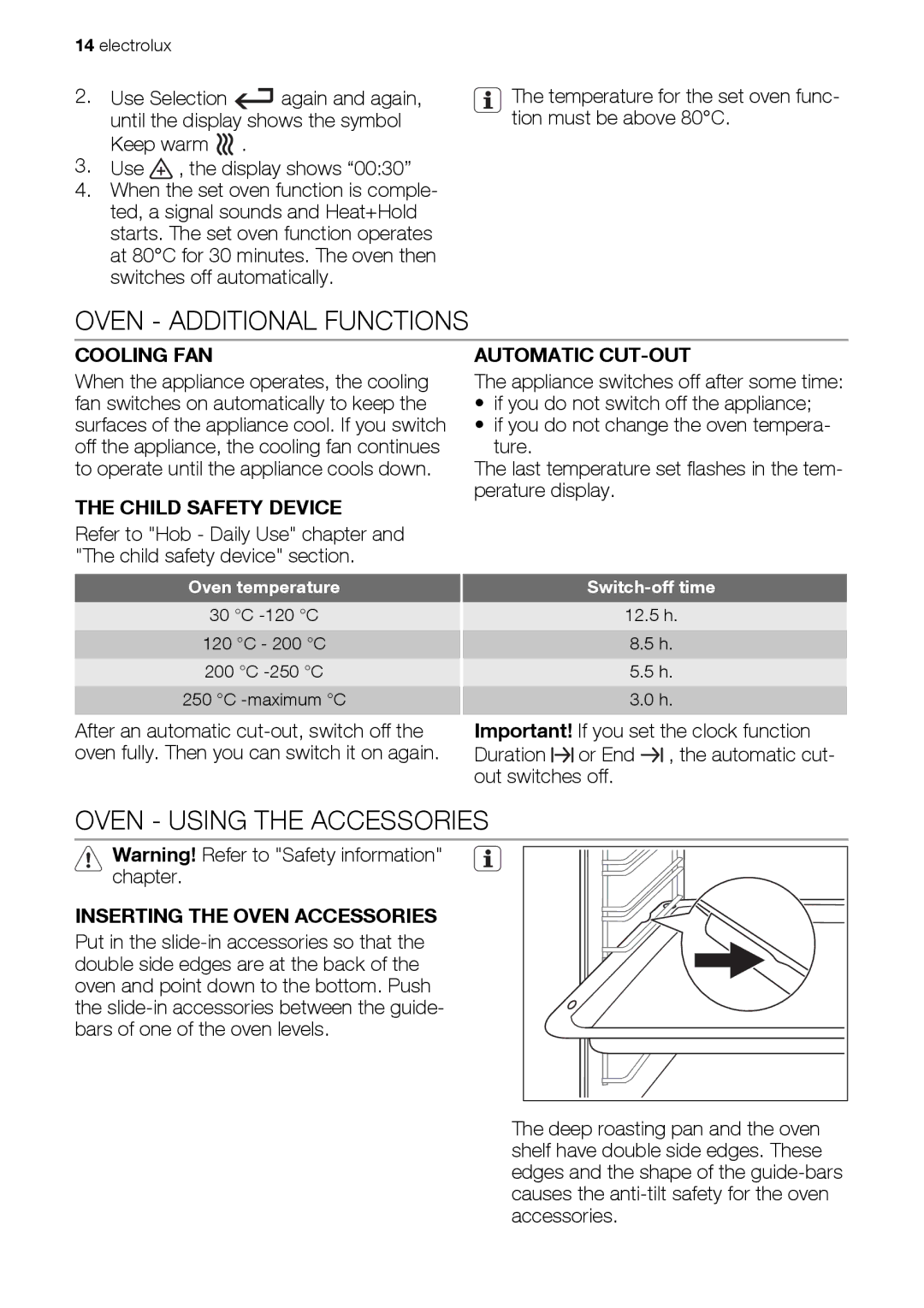 Electrolux EKC607601 user manual Oven Additional Functions, Oven Using the Accessories, Cooling FAN, Automatic CUT-OUT 