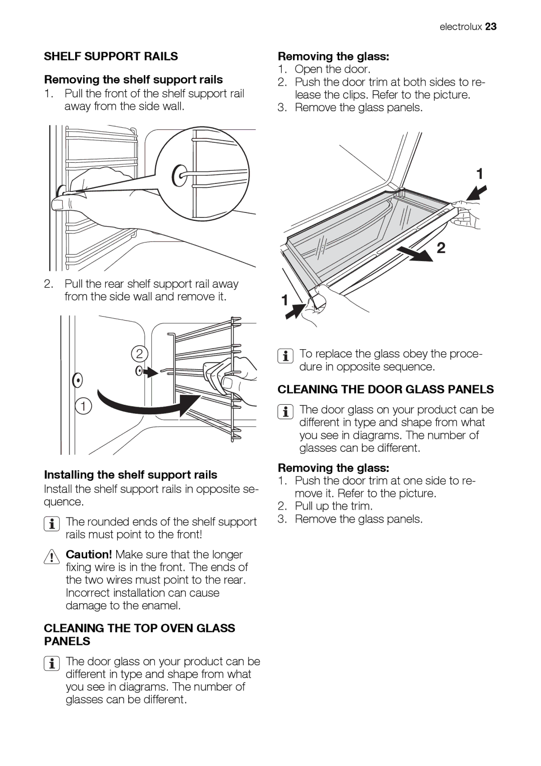 Electrolux EKC607601 user manual Shelf Support Rails, Cleaning the TOP Oven Glass Panels, Cleaning the Door Glass Panels 