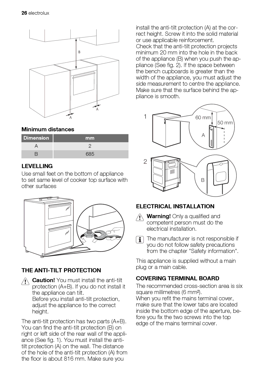 Electrolux EKC607601 Minimum distances, Levelling, ANTI-TILT Protection, Electrical Installation, Covering Terminal Board 