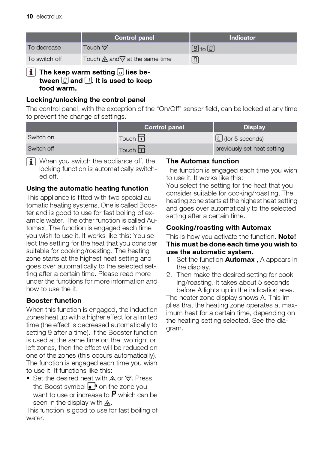 Electrolux EKD60760 user manual Using the automatic heating function, Booster function, Automax function 