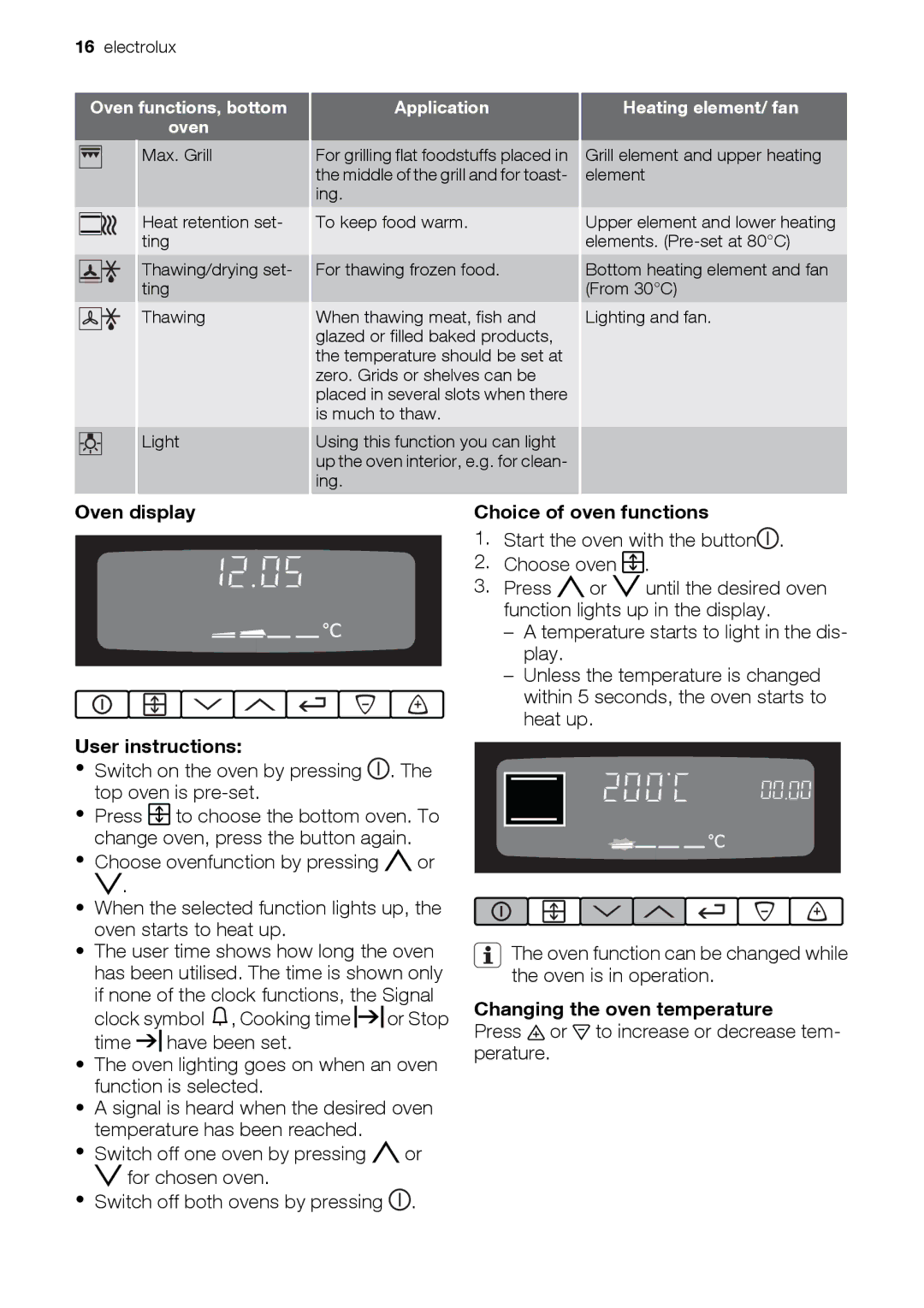 Electrolux EKD60760 user manual Oven display User instructions, Switch on the oven by pressing . The top oven is pre-set 