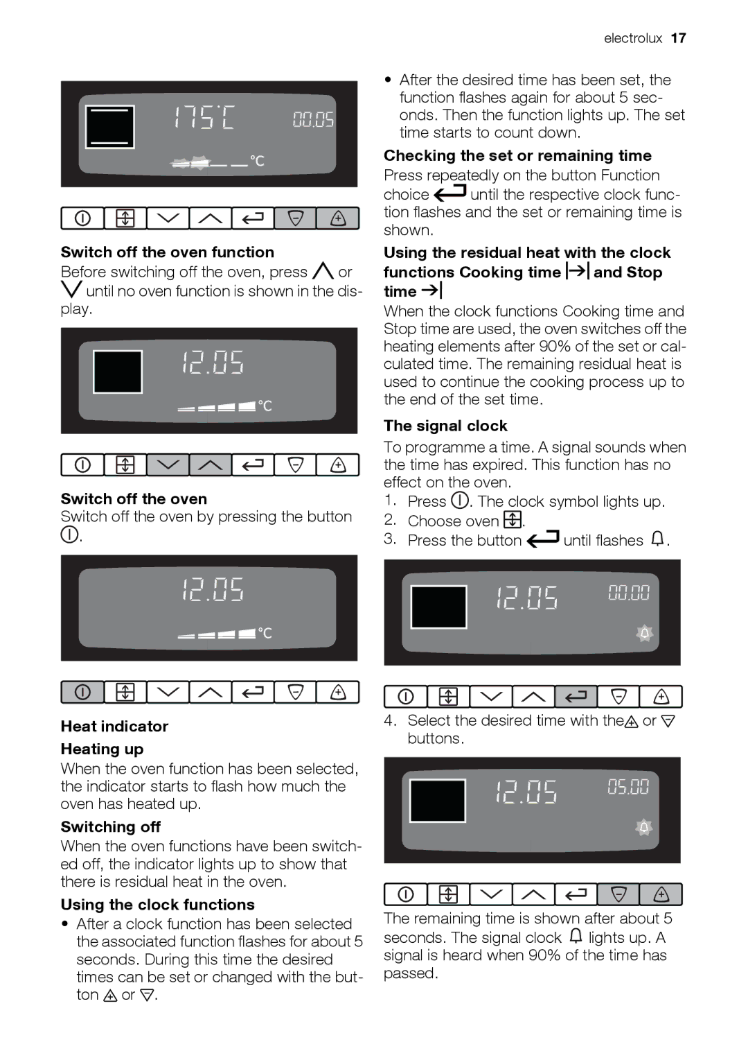 Electrolux EKD60760 Switch off the oven function, Heat indicator Heating up, Switching off, Using the clock functions 