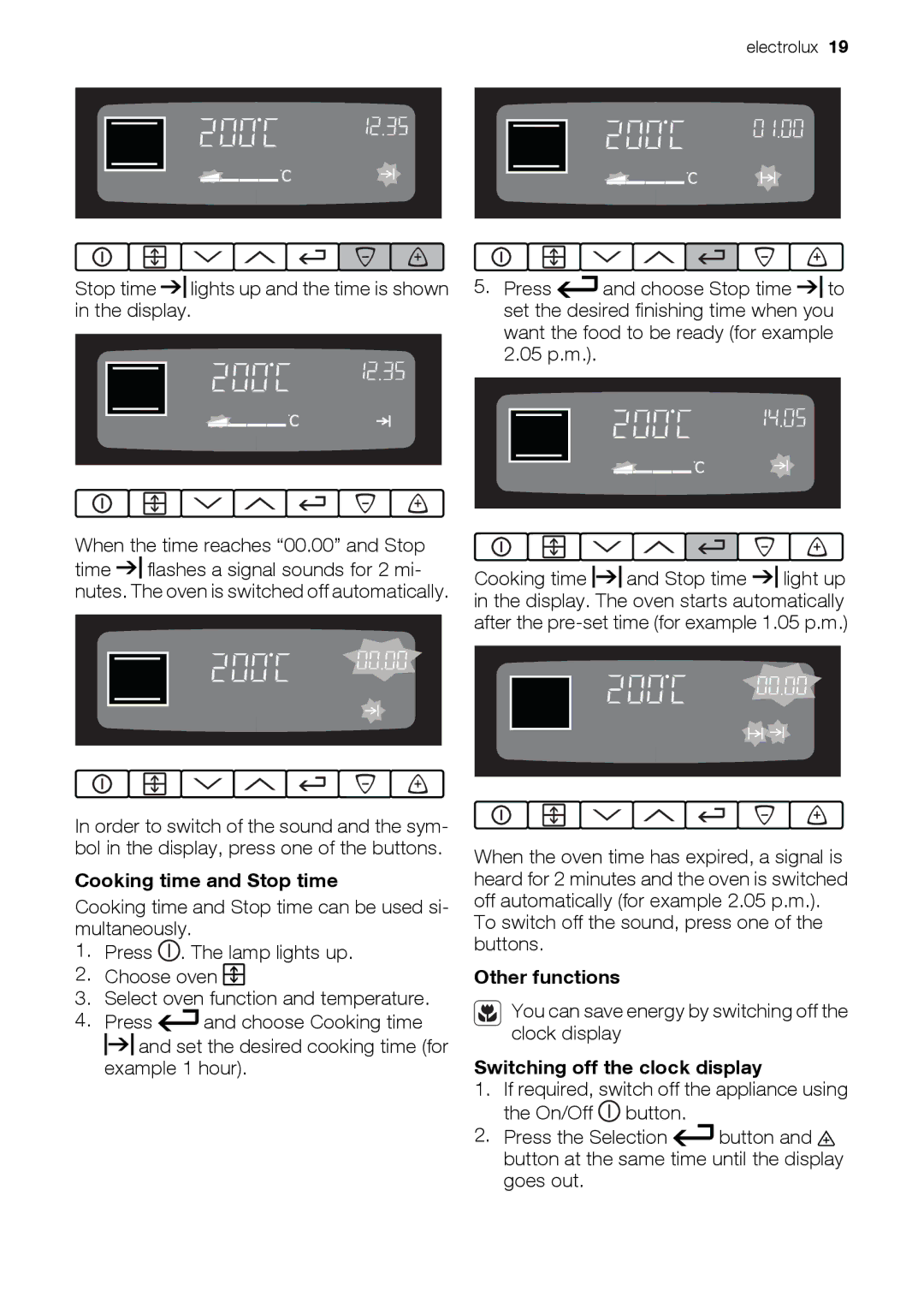 Electrolux EKD60760 user manual Cooking time and Stop time, Other functions, Switching off the clock display 