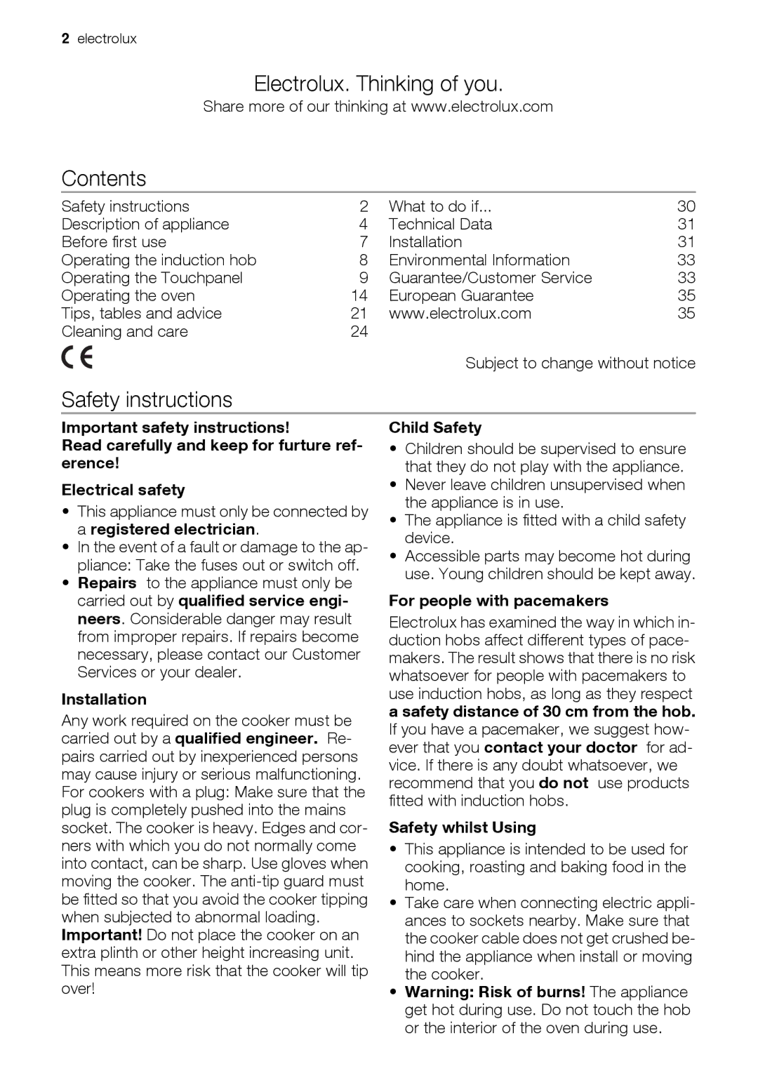 Electrolux EKD60760 user manual Electrolux. Thinking of you Contents, Safety instructions 