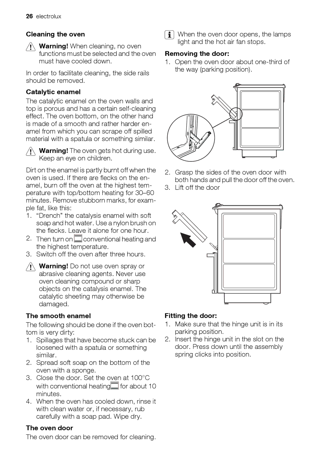 Electrolux EKD60760 Cleaning the oven, Catalytic enamel, Smooth enamel, Oven door, Removing the door, Fitting the door 