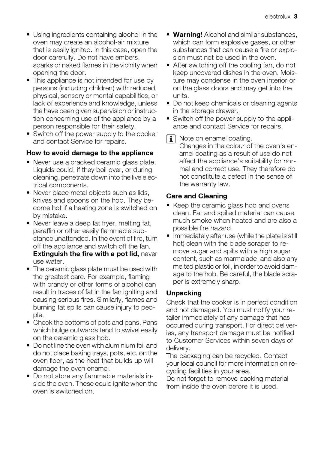 Electrolux EKD60760 user manual How to avoid damage to the appliance, Care and Cleaning, Unpacking 