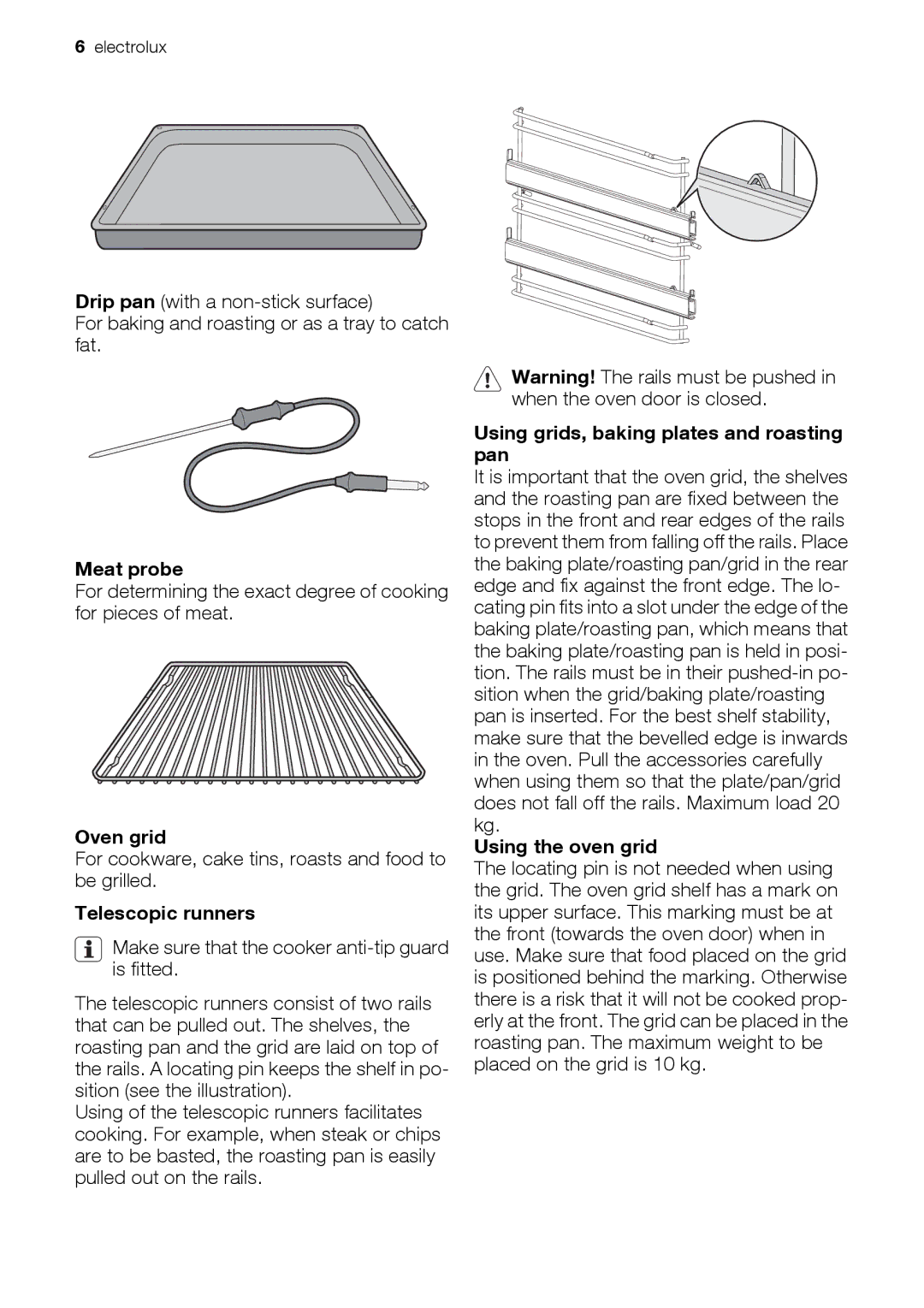 Electrolux EKD60760 user manual Meat probe, Oven grid, Telescopic runners, Using grids, baking plates and roasting pan 