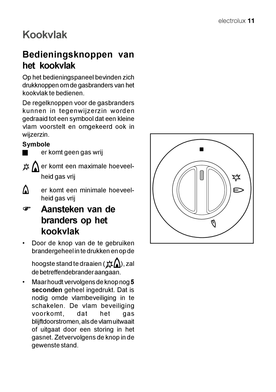 Electrolux EKG 60111 user manual Kookvlak, Bedieningsknoppen van het kookvlak, Symbole 