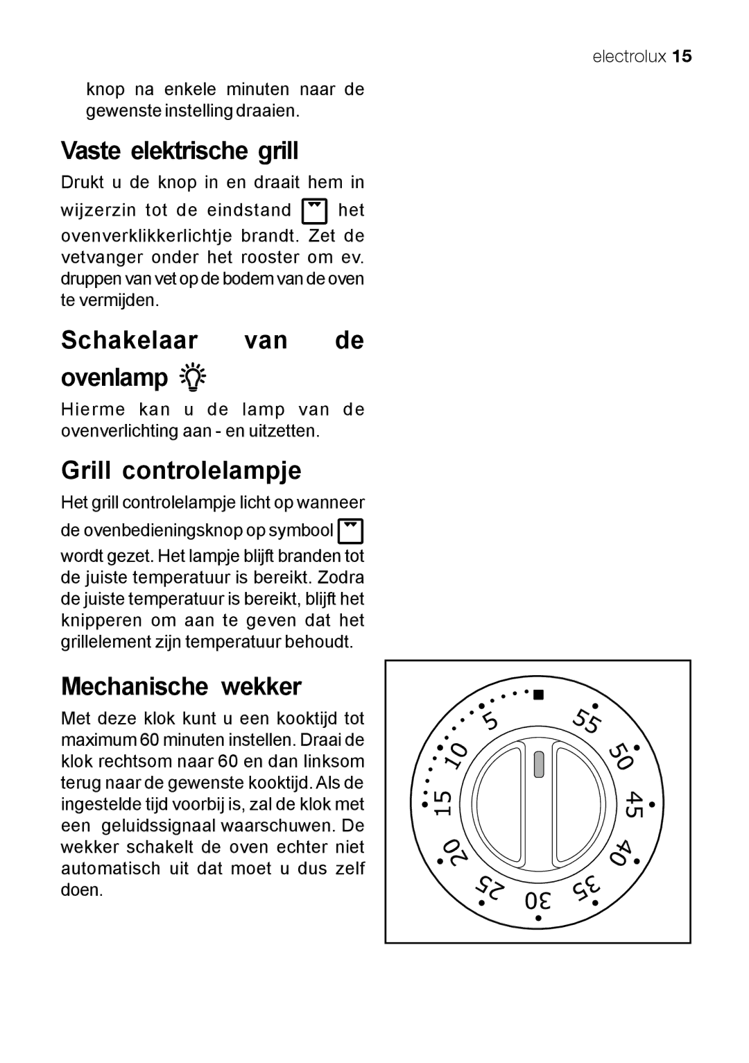 Electrolux EKG 60111 Vaste elektrische grill, Schakelaar van de ovenlamp, Grill controlelampje, Mechanische wekker 