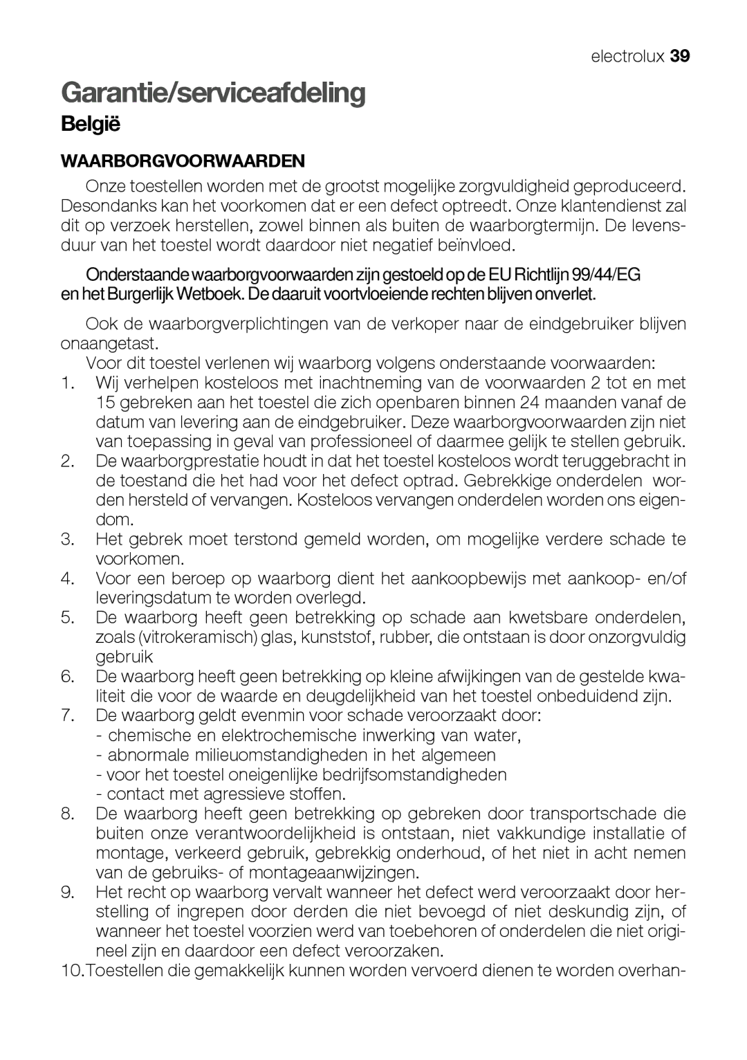 Electrolux EKG 60111 user manual Garantie/serviceafdeling, België 