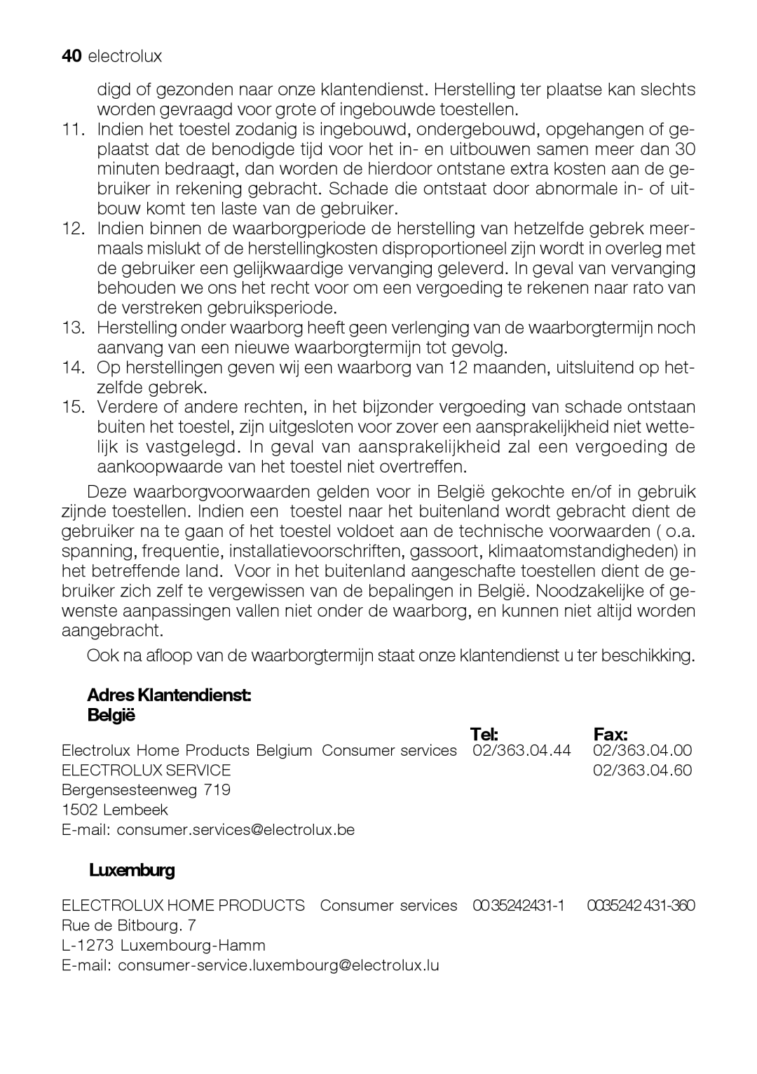 Electrolux EKG 60111 user manual Adres Klantendienst België Tel Fax, Luxemburg 