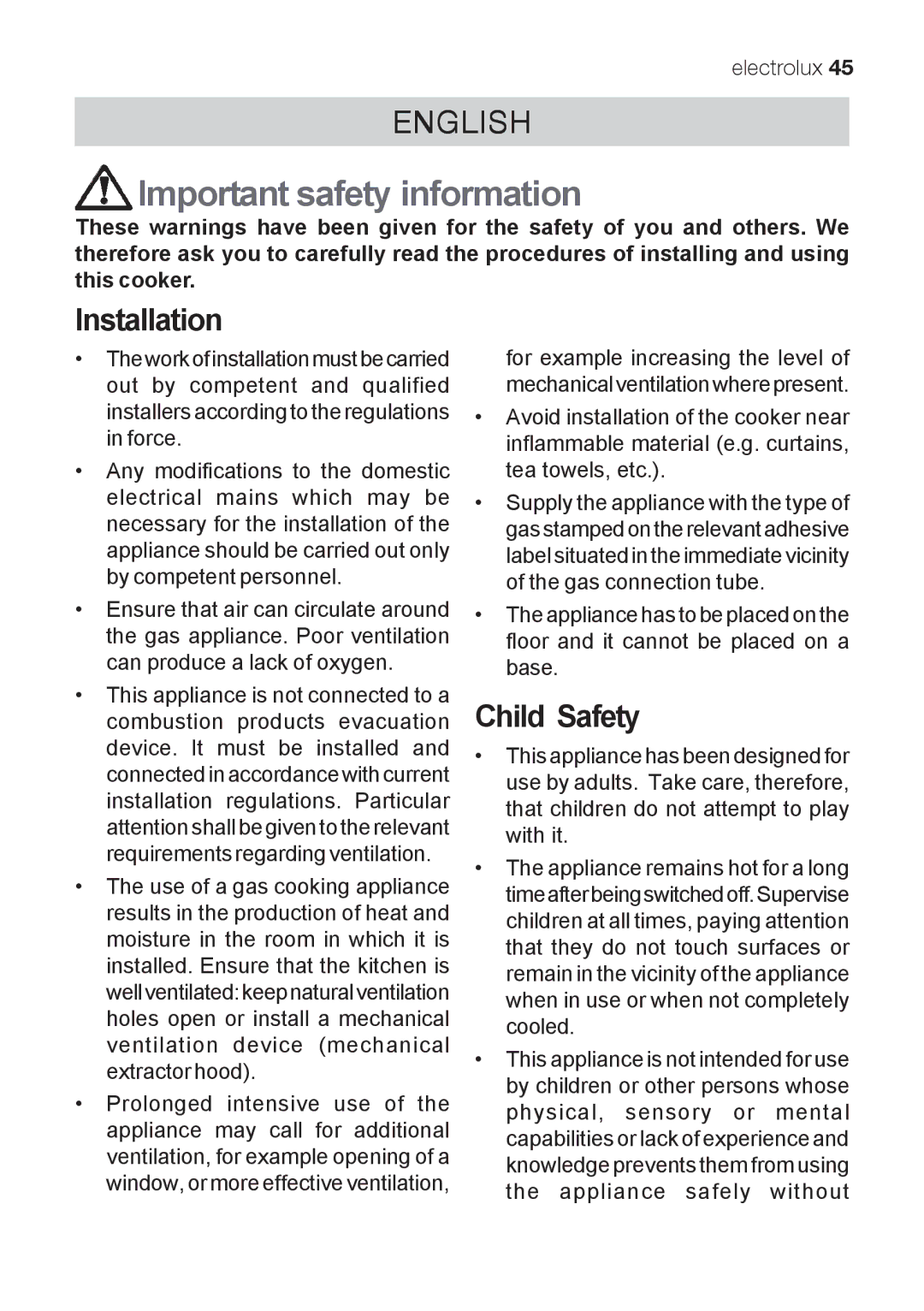 Electrolux EKG 60111 user manual Important safety information, Installation, Child Safety 